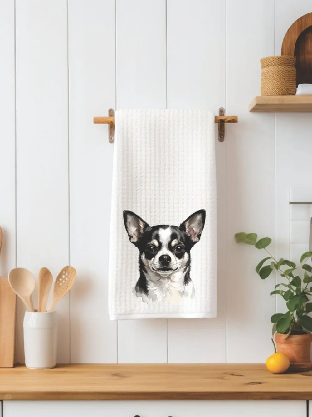 Black & White Chihuahua Waffle Weave Decorative Kitchen Tea Towel